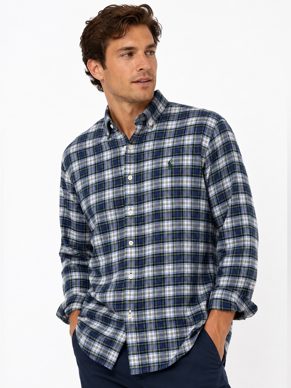Ralph Lauren Custom Fit Plaid Button Down Shirt Blue Green Men’s L